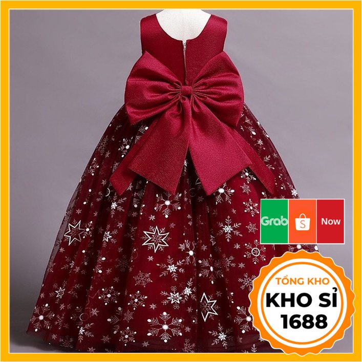 Váy công chúa bé gái đi dự tiệc đầm voan gắn nơ vải lụa hàng quảng châu cao cấp E1195