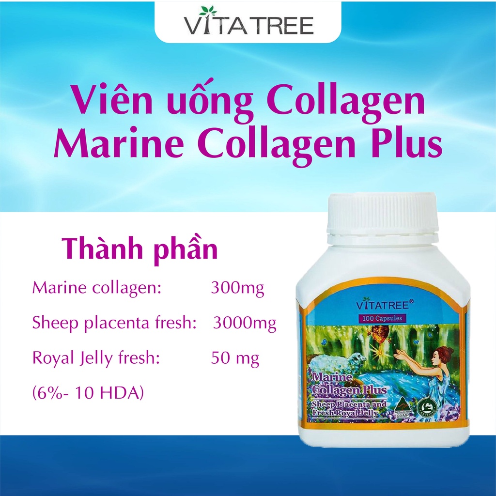 Combo 2 hộp viên uống bổ sung collagen Vitatree marine collagen plus 100 viên giúp trẻ hoá làn da