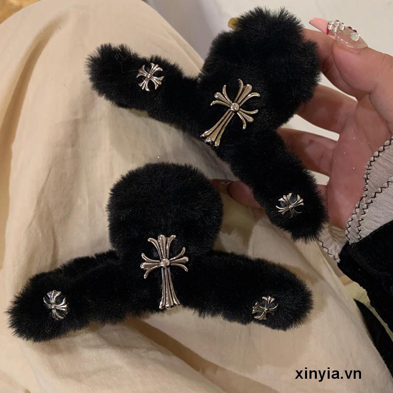 Kẹp Tóc Nhung Đen Hình Chữ Thập Phong Cách Retro Thời Trang Cao Cấp kẹp