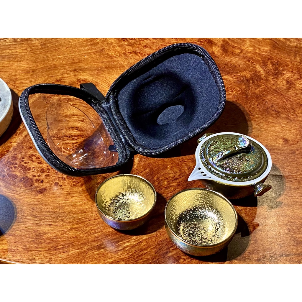 Bộ Ấm Trà Đối Ẩm Gốm Thiên Mục Thất Thái Tráng Vàng Kèm Túi Sách Du Lịch Tiện Lợi