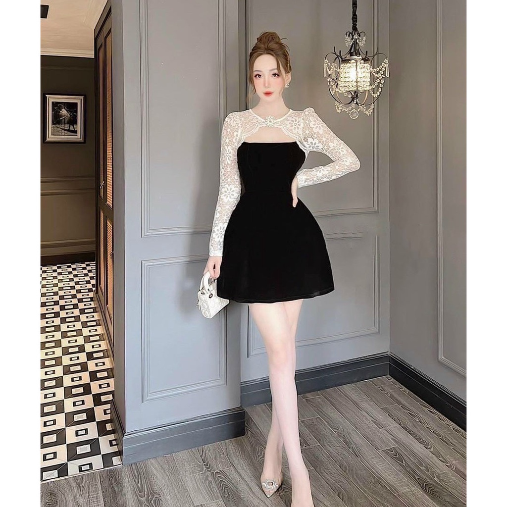 [Đầm Mới] Đầm Nhung Phối Tay Ren Dài Có Phụ Kiện Khoét Ngực (Có Mút Ngực) Thời Trang Nữ Sam Closet Free Size 40-55kg