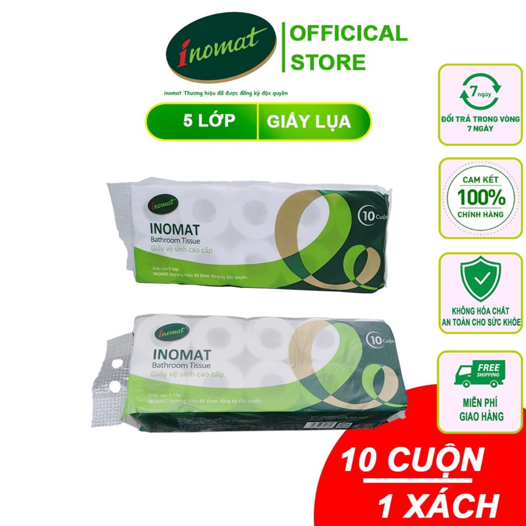 Giấy vệ sinh bịch 10 cuộn không lõi có lõi 5 lớp siêu dai siêu mịn nguyên liệu thiên nhiên INOMAT