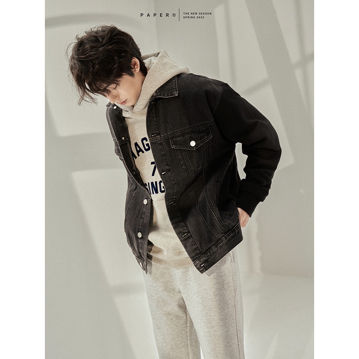 Áo khoác Jacket Jean nam form bomber tay dài phối thun gân
