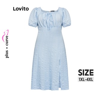 (1XL-4XL) Đầm Tay Phồng Màu Trơn Xẻ Tà Cột Dây Kiểu Boho Màu Xanh Dương Thời Trang Cho Nữ LPS06049