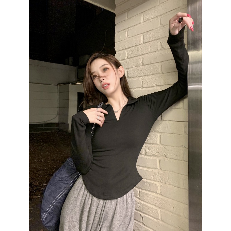 Áo Kiểu Tay Dài Cổ Đứng Dáng Ôm Phong Cách Thời Trang Hàn Quốc