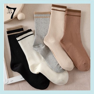 Tất vớ basic màu nâu sọc trơn cổ cao unisex cotton