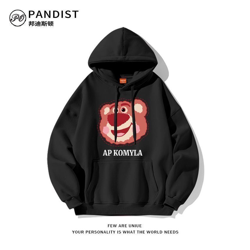 Áo Hoodie Dáng Rộng Có Lớp Lót Lông Cừu In Họa Tiết Hoạt Hình Gấu Dâu Tây Phong Cách Preppy Nhật Bản Thời Trang Thu Đông