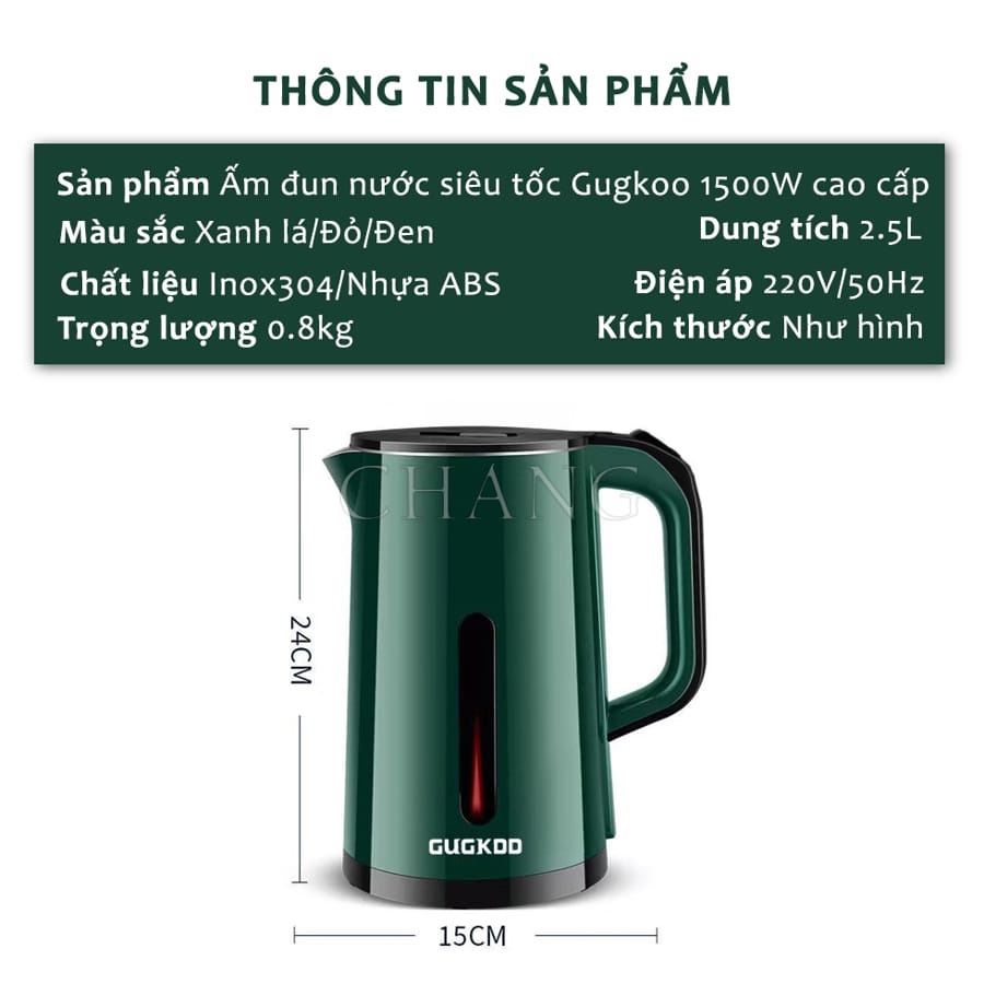 Ấm Siêu Tốc 2 Lớp GK, Ấm Đun Nước Siêu Tốc Công Suất Lớn 1500W Dung Tích 2.5L