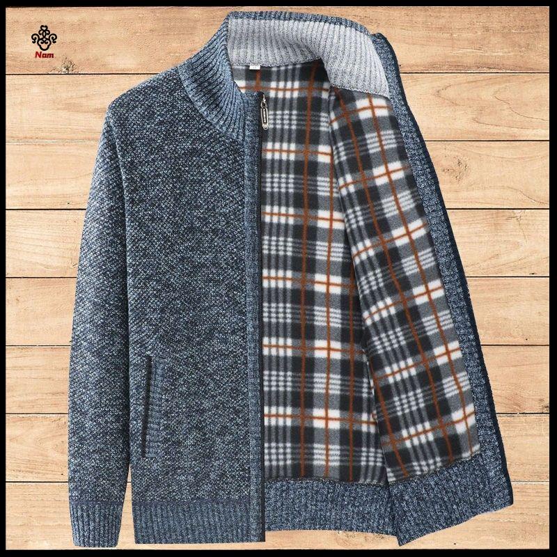 Chất lượng cao Trang ch 'o len Áo Khoác Cardigan Lót Lông Cừu Dệt Kim Dày Dặn Phong Cách Mới Mùa Đông Cho nam Giới Trung Niên