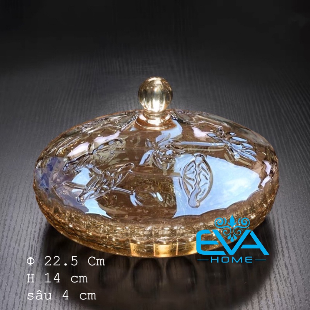 Khay Đựng Mứt Thuỷ Tinh Pha Lê Chia Ngăn Hoạ Tiết Hoa Sen Lotus Ánh Vàng Cao Cấp / Thố Mứt Tết Hoa Sen Vàng M1492-2
