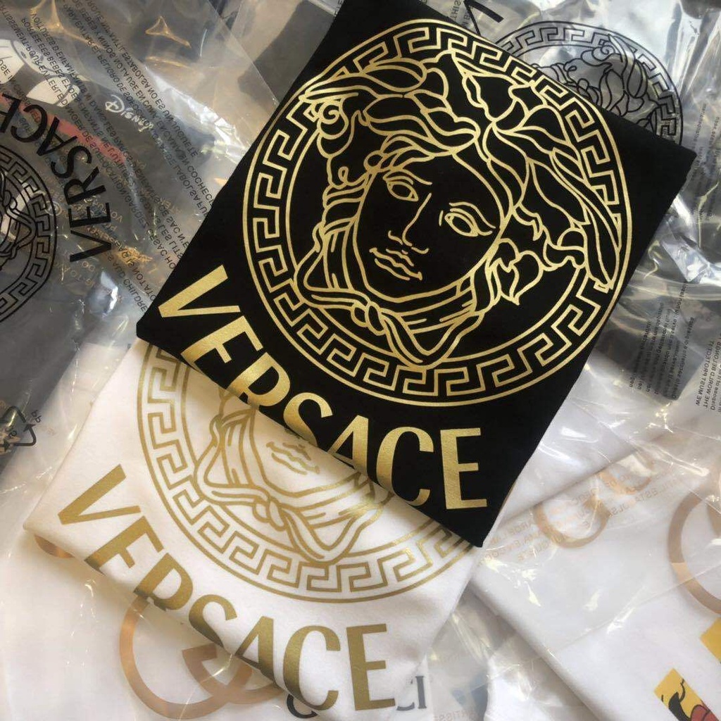 Áo Thun Cotton Cổ Tròn Ngắn Tay In Nhãn Versace / label / 2 Thời Trang Unisex