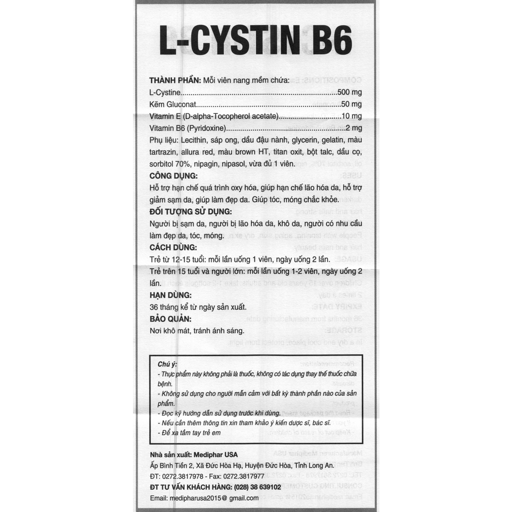 Viên uống L-Cystin B6 giúp đẹp da, tóc, móng chắc khoẻ, giảm lão hoá da, khô da, thâm nám [L cystine, MDP, Mediphar USA]