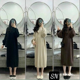 Váy dáng suông tay bo chun chất len tăm cổ cao Đầm dài cổ tròn