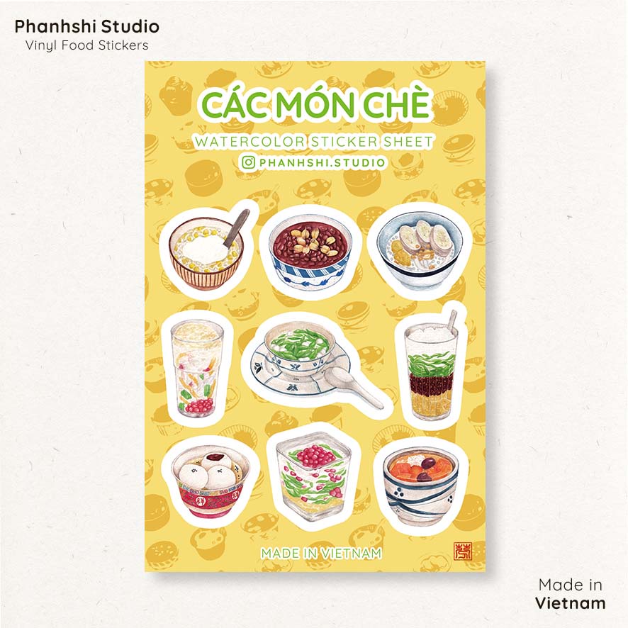 Tấm Sticker Các Món Chè Kích Thước 9x13,5cm In Từ Tranh Vẽ Tay Màu Nước