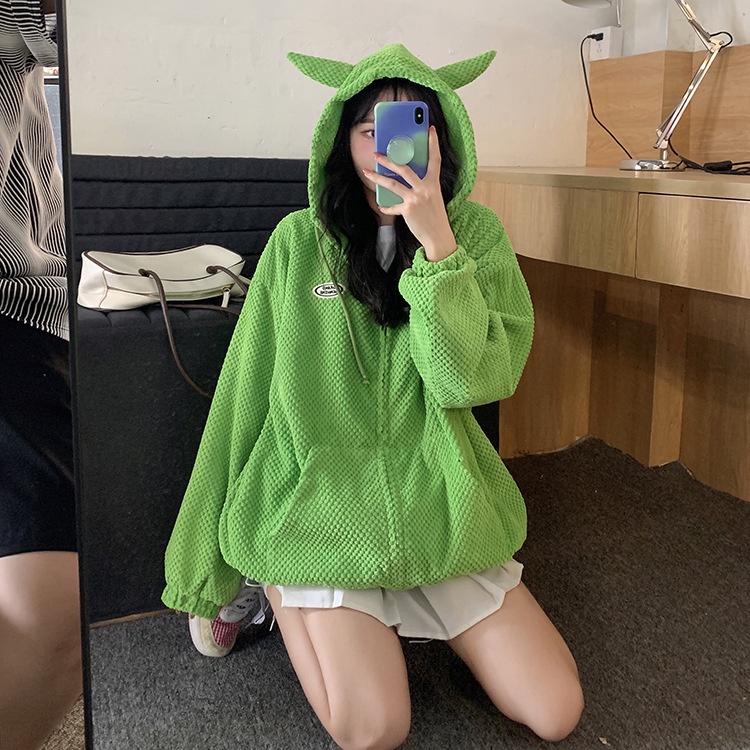IELGY IELGY Áo Hoodie Dáng Rộng Có Khóa Kéo Hình Bánh waffle Cho Nữ