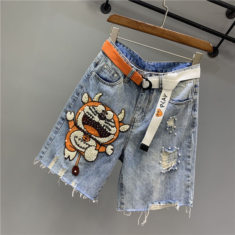 Jiashucheng Quần Short Denim Năm Tấc Dáng Suông Rách Hoạt Hình Phong Cách Mới Không Co Giãn