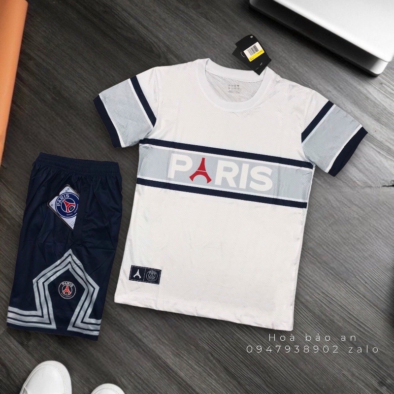 Quần Áo Bóng Đá CLB PSG 2023 Áo Trắng Quần Đen Training Mẫu mới Vải Gai Lưới Chuẩn Áo Thi Đấu