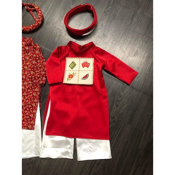 Áo dài cho bé thiết kế Hoa mai, bánh, dưa hấu, bao lixi kèm nón