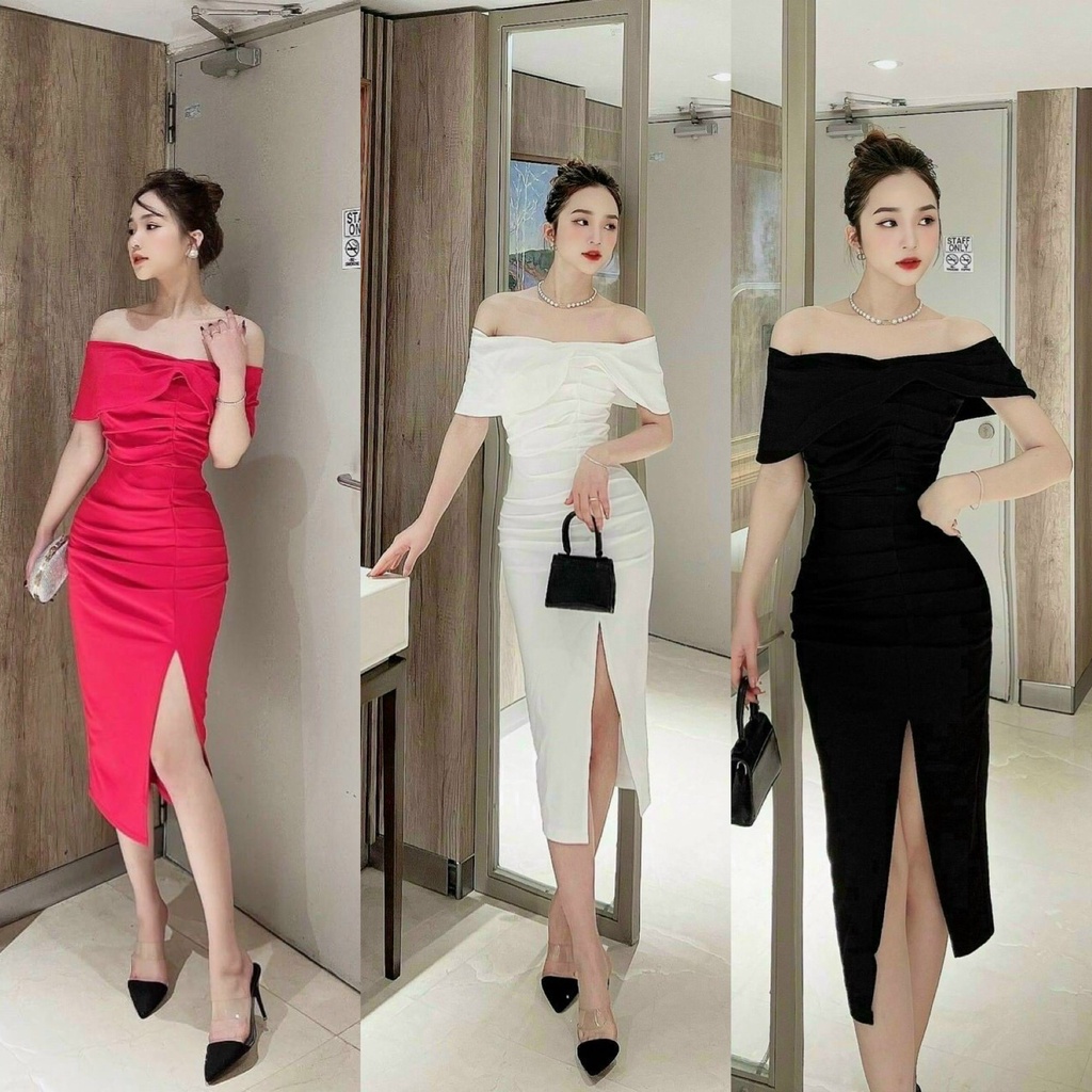 Đầm Váy Body Chất Umi Trễ Vai Cách Điệu Dáng Ôm Body Xẻ Tà Dự Tiệc Đi Chơi