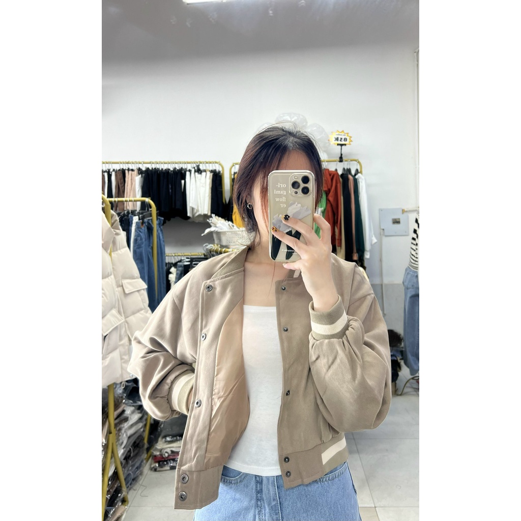 Áo khoác bomber croptop, chất nhung nỉ, có thêu chữ, Xưởng may Ngọc Anh