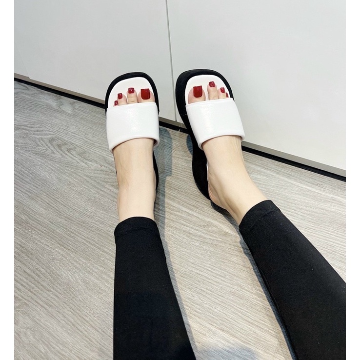 Dép bánh mì bảng ngang da cao 7 phân về 5 màu trắng - kem - hồng - xanh - đen