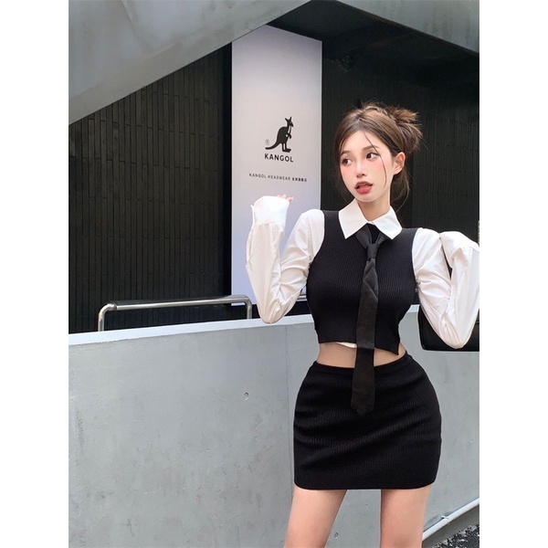 Set 3 Món Áo Sơ Mi Trắng Croptop & Áo Len Sát Nách Hở Lưng & Chân Váy Ngắn Ôm Kèm Cà Vạt