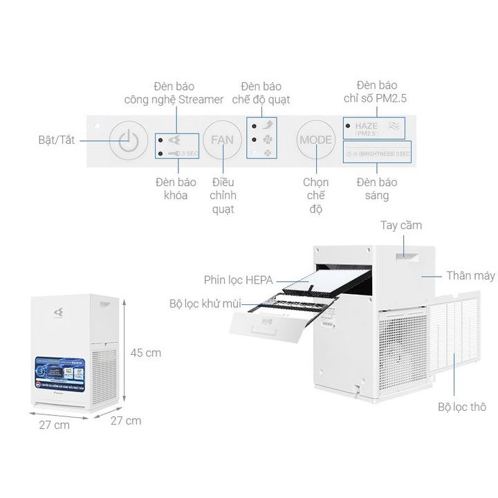 Máy Lọc không khí Daikin MC30YVM7 - Công nghệ Streamer, Diệt khuẩn bụi mịn PM2.5, Khử mùi, Diện tích 23m2