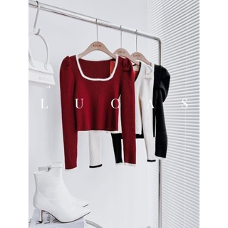 Áo len tăm avocado cổ vuông viền tay dài dáng croptop lửng