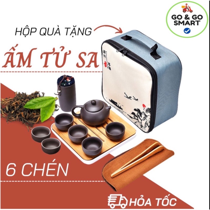 Bộ Ấm Chén Uống Trà Tử Sa 6 Chén, 12 Món, Bộ Ấm Chén Trà Đạo Sứ Thanh Kèm Túi Đựng Xách Tay Dùng Làm Quà Tặng