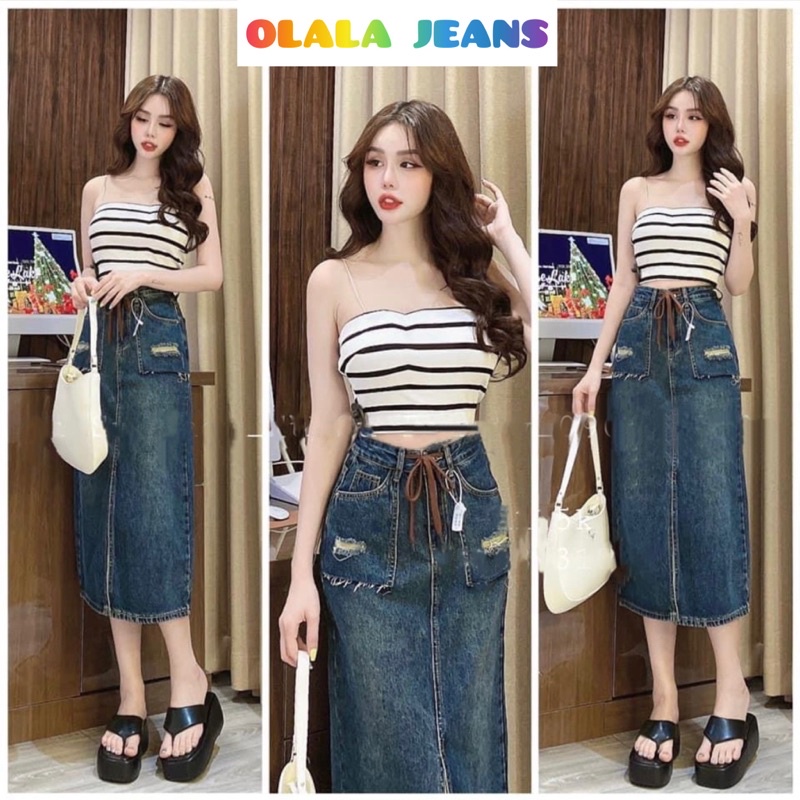 Váy Jeans Cotton Nữ Mix Dây Nâu Cạp Cao Dài Qua Gối Chất jean Dày Dặn MS 01