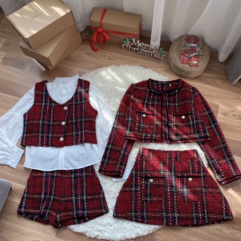 Set dạ kẻ đỏ