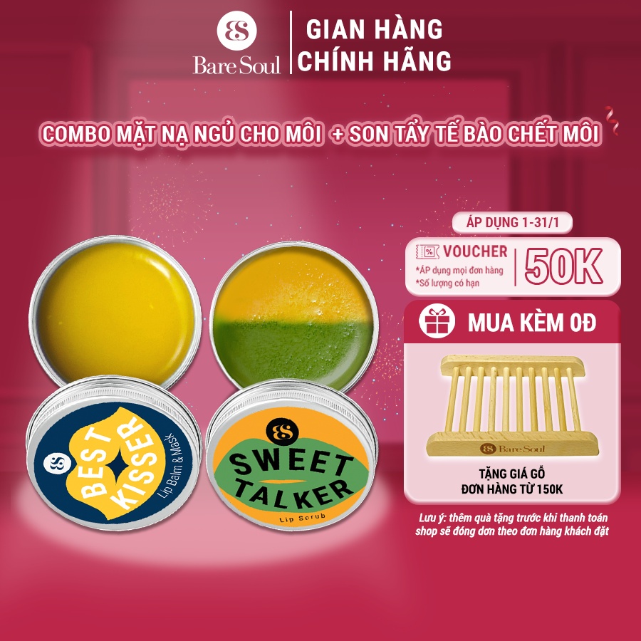 Combo Mặt nạ ngủ cho môi kiêm son dưỡng Baresoul Best Kisser Lip Balm & Mask 10g + Tẩy tế bào chết môi Sweet Talker 20g