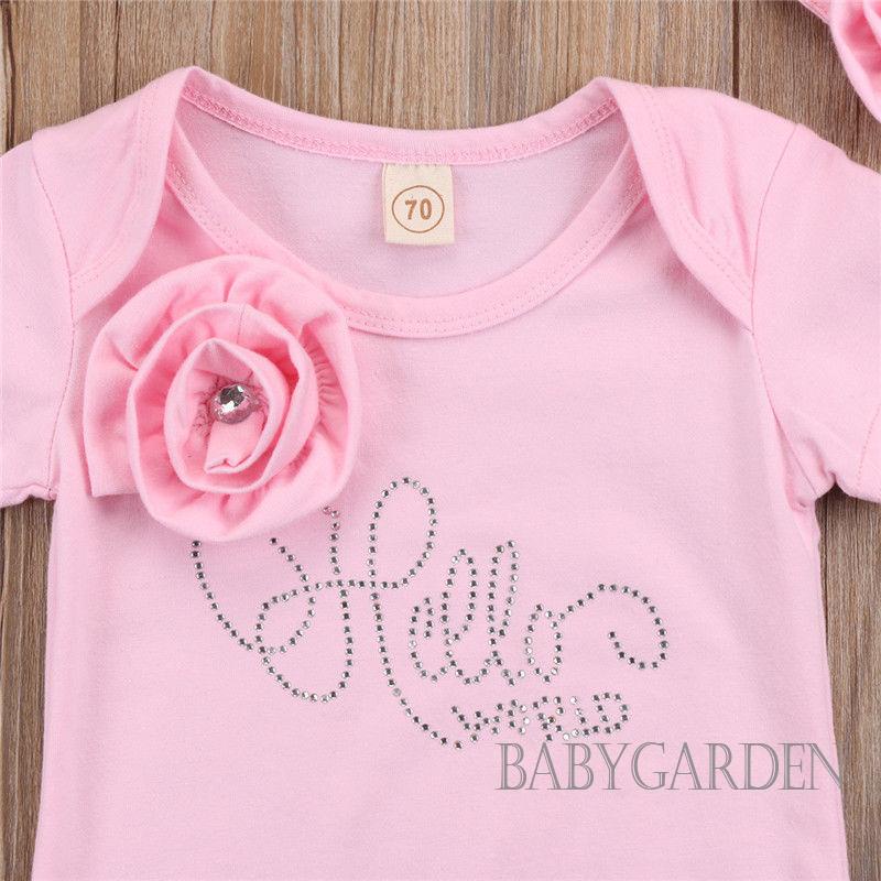 Bộ Áo Liền Quần Tay Ngắn In Hoa 3D &amp; Băng Đô Quấn Đầu Cho Bé Gái 0-18 Tháng Tuổi