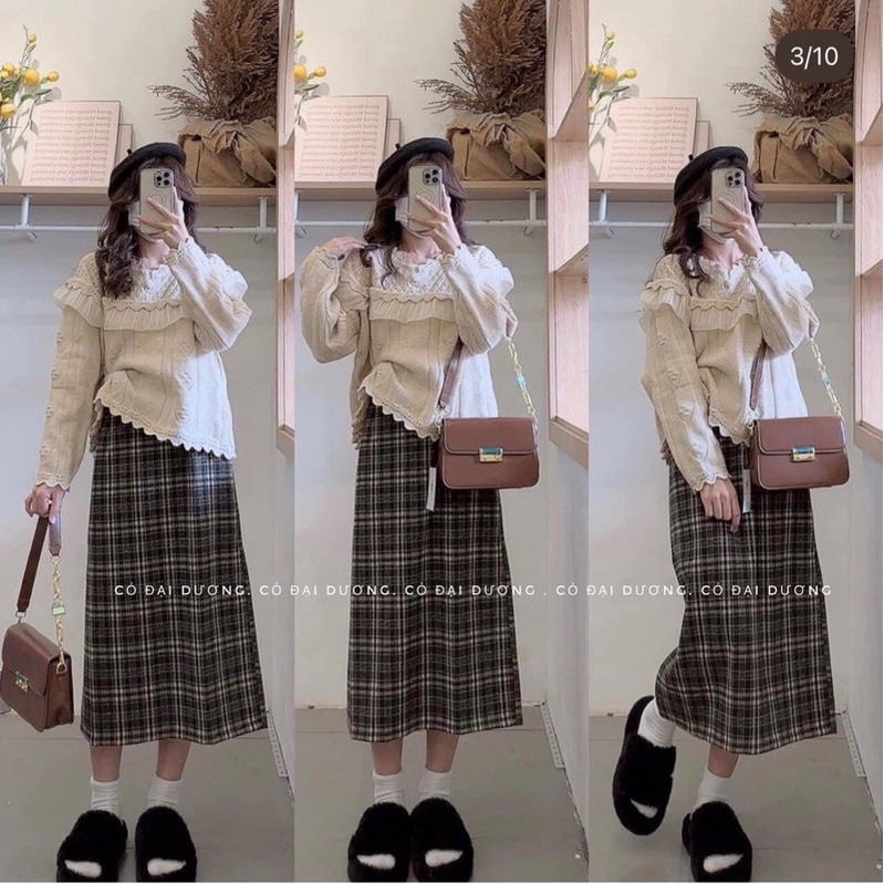 Chân váy dạ kẻ dài vintage chất mềm mịn dày dặn mặt tuyết Nhung (Ảnh thật/Video)