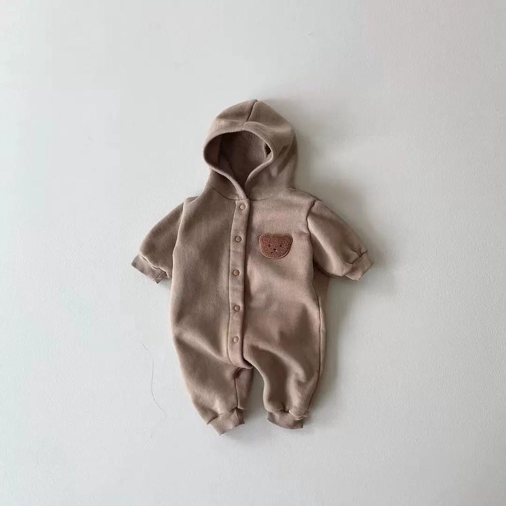 Bộ Nỉ Có Mũ Lotuka, Bộ Áo Liền Quần Nỉ, Body Liền Thân Nỉ Có Mũ Đính Gấu Đáng Yêu Cho Bé 3-12Kg