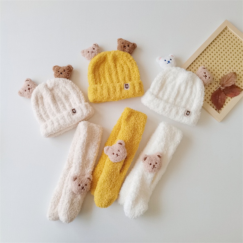 Mũ Len Gấu 3D Lông Cừu Cho Bé Kèm Khăn Quàng Cổ 5-36 Tháng