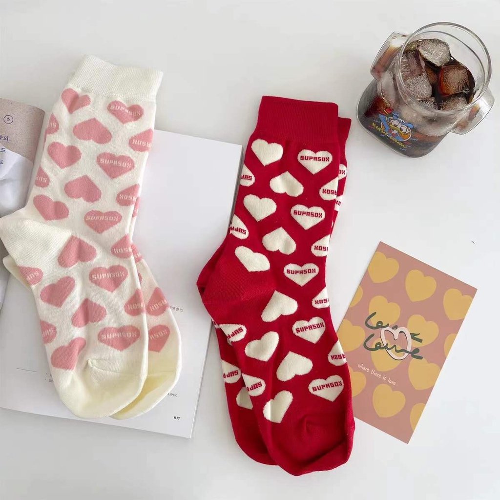 Tất vớ nữ cổ cao siêu co giãn phong cách Hàn quốc, Tất giữ ấm chân họa tiết tim màu sắc đỏ hồng dễ thương cho bạn gái