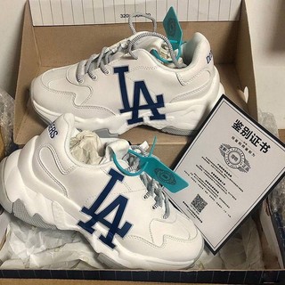 Giày MLB LA chữ xanh full bill box, Giày Sneaker ulzzang thể thao nam nữ cổ ngắn đế độn 4cm tăng chiều cao