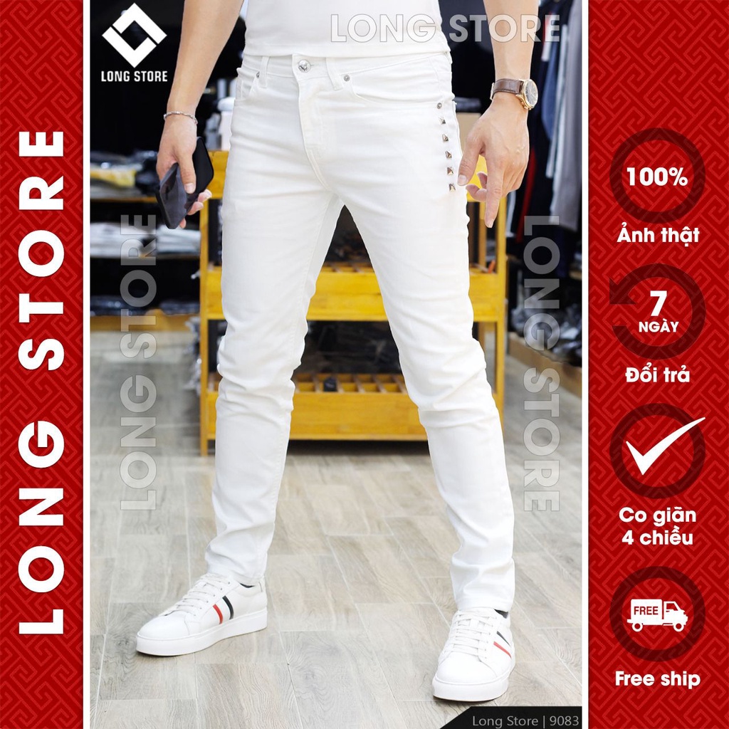 Quần jean nam trắng trơn đính đinh tán LONGARES cao cấp ống đứng dáng ôm skinny chất bò đẹp co giãn 9083