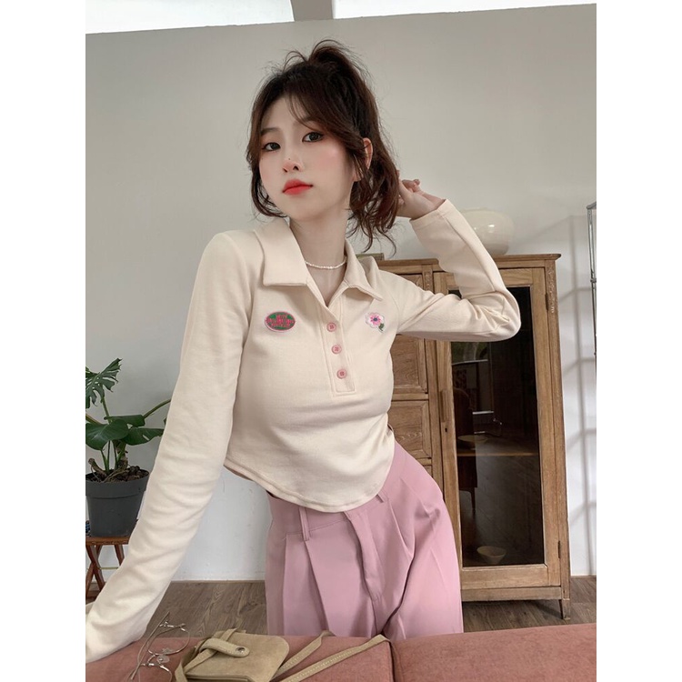ZHELIHANGFEI Áo Thun Polo Tay Dài Họa Tiết Hoa Ngọt Ngào Dễ Phối Đồ