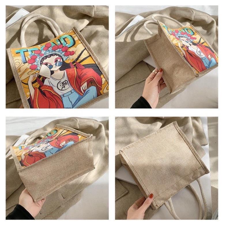 Túi Cói Phong Cách Vintage In Hình .Túi Vải Mini Thời Trang - Có Khóa Kéo