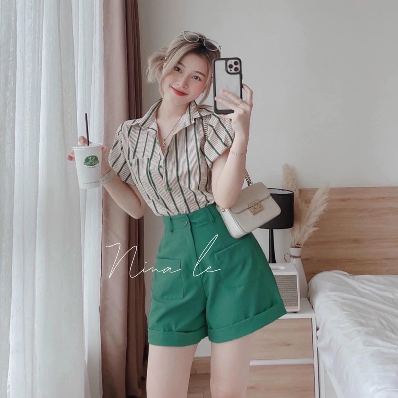 SET SƠ MI KẺ SỌC SHORT XANH