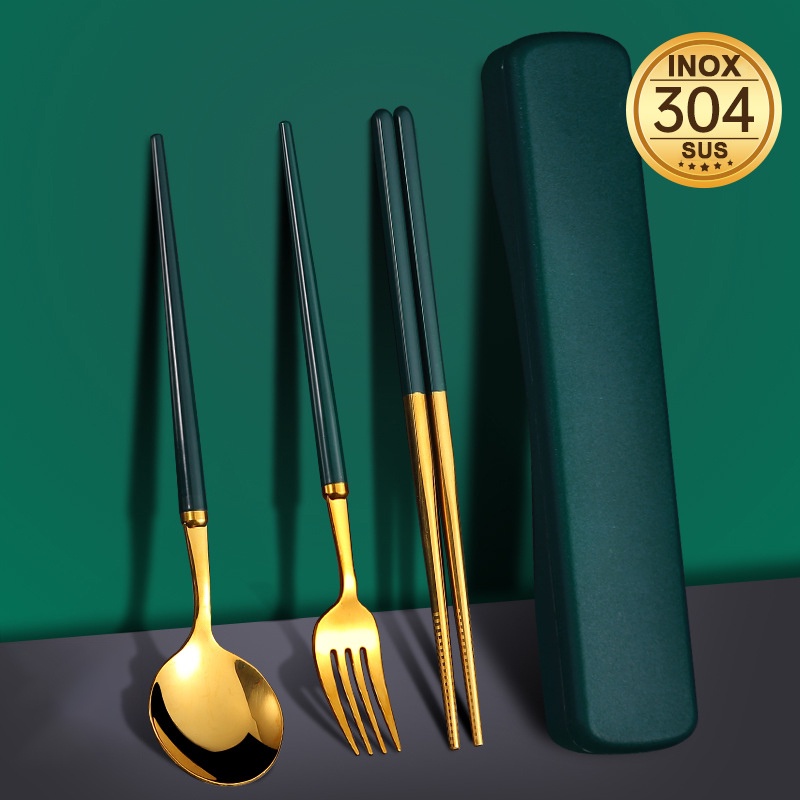 Bộ đũa thìa văn phòng , hộp đựng đũa muỗng inox 304 mạ vàng