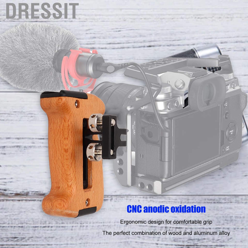 Dressit Wooden Side Handle Grip /4in Thread Shoe Mount For Camera DV Video Cage Kit