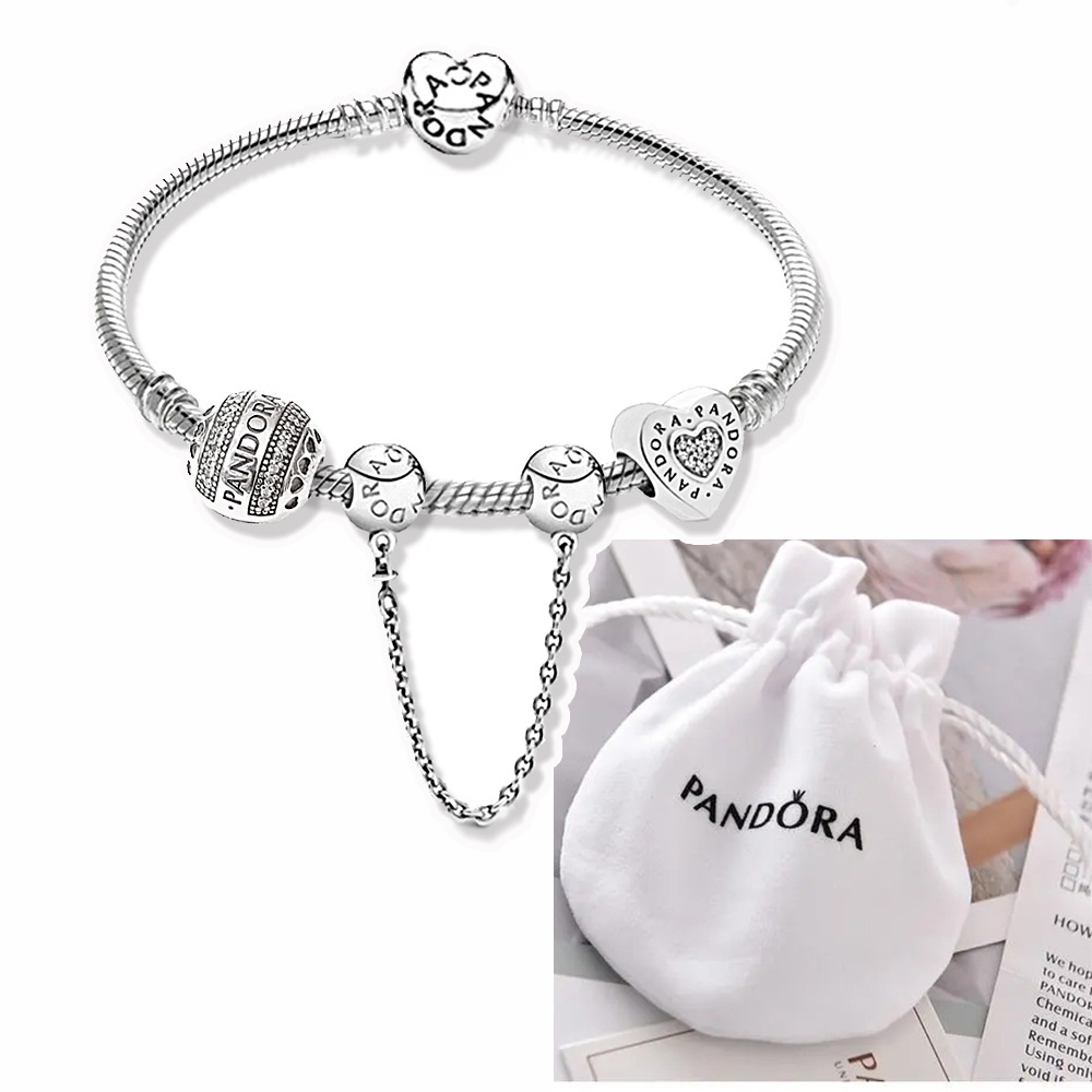 Pandora Vòng Tay Mạ Bạc 925 Đính Hạt Kèm Túi Đựng