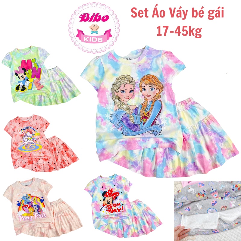 Bộ váy cotton Bé Gái size đại-Set Áo Cộc Tay Chân Váy Xòe Kèm quần chip in hình công chúa siêu đáng yêu