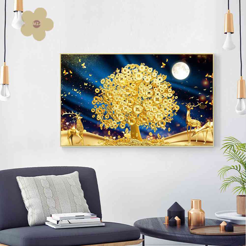 Tranh Đính Đá Kim Cương Toàn Bộ 5D DIY Hình Vẽ Cây Tiền