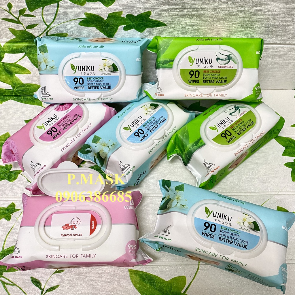 1 GÓI 90 MIẾNG KHĂN GIẤY ƯỚT YUNIKU hương Lài / hương Phấn / không mùi hương - HÀNG CHÍNH HÃNG CAO CẤP chuyên dùng cho b