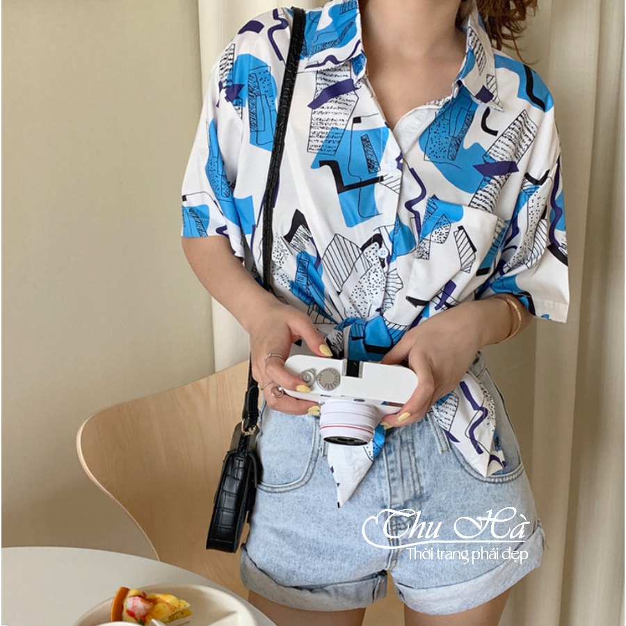 Áo sơ mi nữ form rộng tay lỡ Thu Hà sơ mi đũi freesize chất liệu mịn mát in hình Ô Xanh Trắng