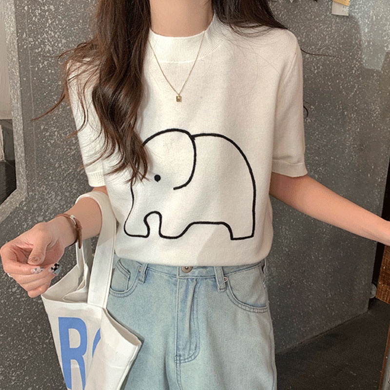 Áo Dệt Kim Tay Ngắn Dáng Ôm Thêu Họa Tiết Chú Voi Hoạt Hình Phong Cách Hàn Quốc Thời Trang Cho Nữ